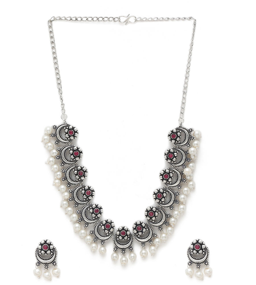 YouBella Jewellery Oxidised Silver Necklace Jewellery Set with Earrings for Girls and Women (Silver) (YBNK_50526)